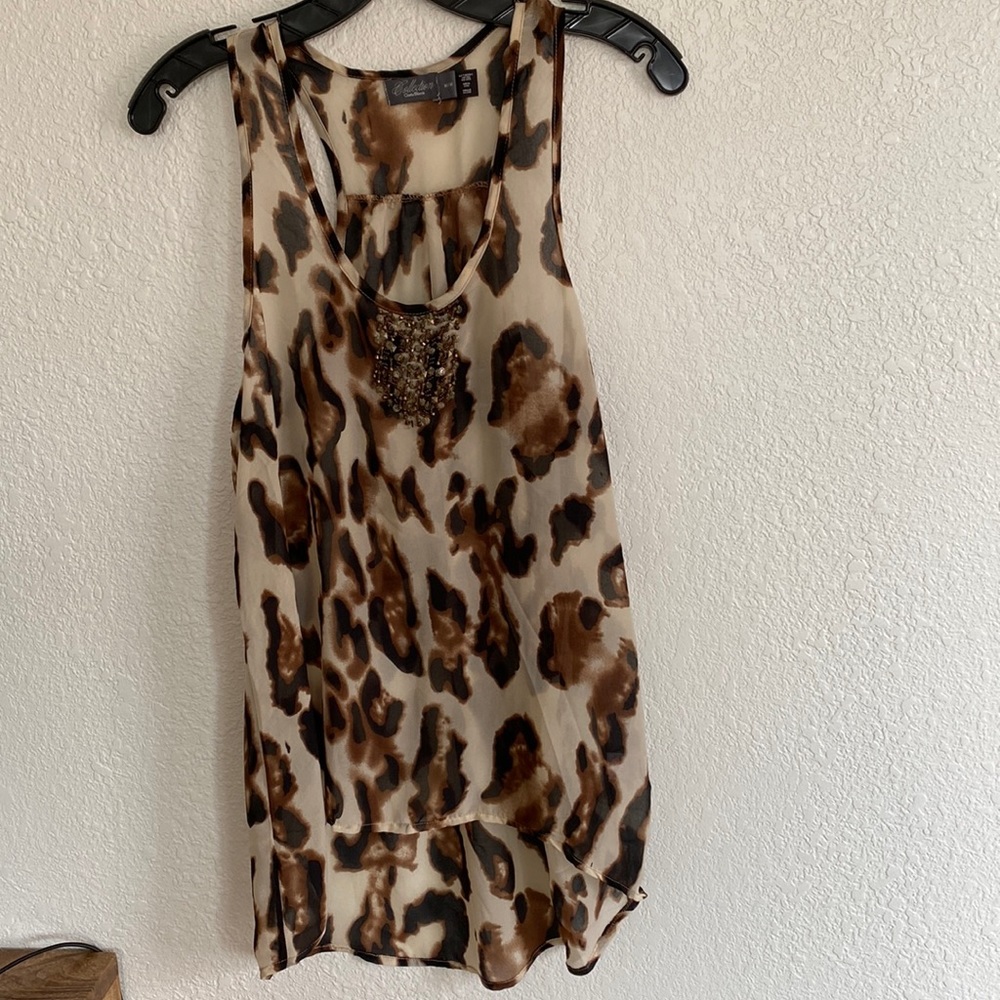 Sheer Leopard Beaded Front Tank, M